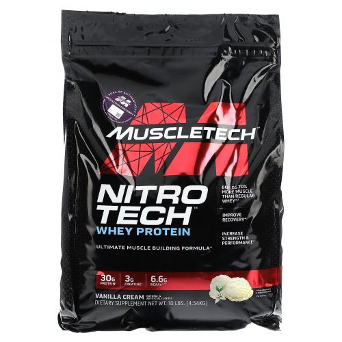 Muscletech, Серия "Достижение", Nitro-Tech, Изолят молочной сыворотки для наращивания сухой мышечной массы, Ваниль, 10 фунтов (4,54 кг)