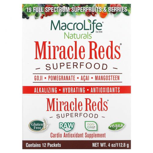 Macrolife Naturals, Miracle Reds, суперфуд, годжи, гранат, асаи, мангостан, 12 пакетиков по 9,5 г (0,3 унции)