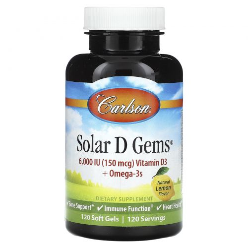 Carlson, Solar D Gems, натуральный лимон, 150 мкг (6000 МЕ), 120 мягких таблеток