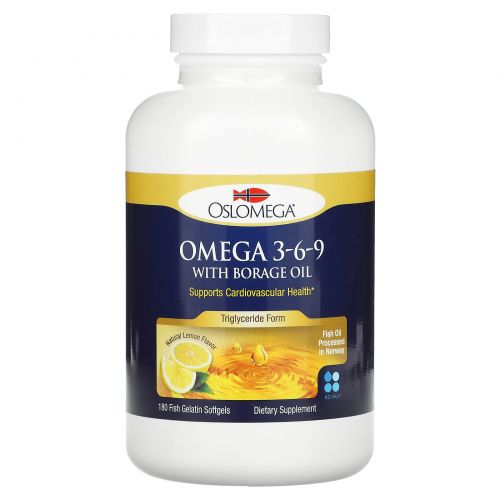 Oslomega, Omega 3-6-9 с маслом бурачника, с натуральным вкусом лимона, 180 мягких желатиновых капсул