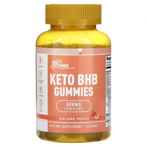 Real Ketones, Keto BHB, жевательные таблетки, со вкусом улун и персика, 500 мг, 30 жевательных таблеток (250 мг в 1 жевательной таблетке)