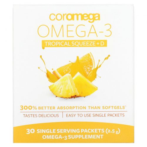 Coromega, Omega3+D Squeeze, Tropical Orange, 30 Squeeze Packets, (2.5 g)