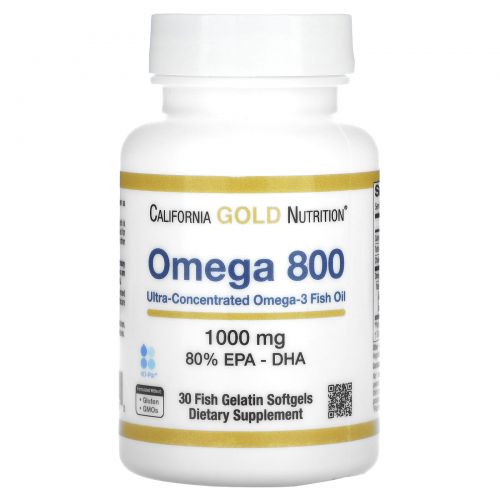 California Gold Nutrition, Омега 800, Рыбий жир фармацевтического класса, 80% EPA / DHA, Триглицеридная форма, Немецкая обработка, Без холестерина, 1000 мг, 30 рыбных желатиновых мягких гелей