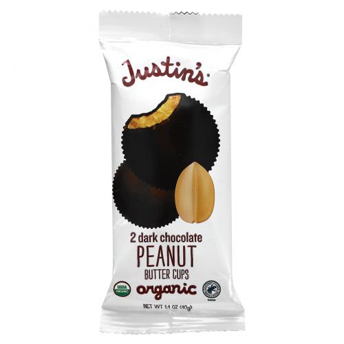 Justin's Nut Butter, Органический темный шоколад с арахисовой пастой, 2 стакана, 40 г (1,4 унции)