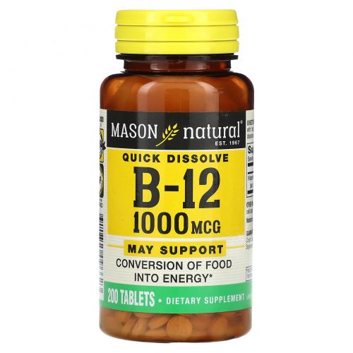 Mason Natural, Витамин B12, быстрорастворимый, 1000 мкг, 200 таблеток