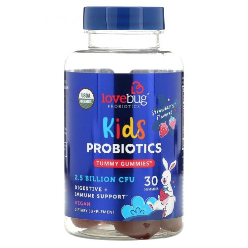 LoveBug Probiotics, Kids Probiotics, Tummy Gummies, Strawberry , 2.5 Billion CFU, 30 Gummies