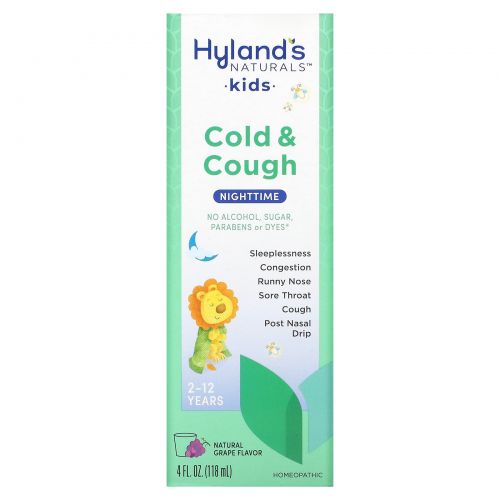 Hyland's, 4 Kids, Cold 'n Cough Nighttime, Ages 2-12, Natural Grape Flavor, 4 fl oz (118 ml)