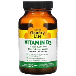 Country Life, Витамин D3, 5000 МЕ, 200 желатиновых капсул