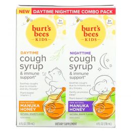 Burt's Bees, Kids, Сироп от кашля днем / ночью и поддержка иммунитета, комбинированная упаковка, натуральный виноград, 2 упаковки, 4 жидких унции (118 мл) каждая