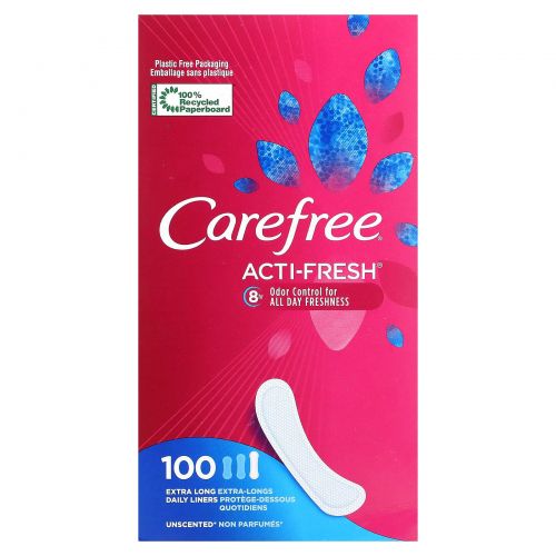 Carefree, Acti-Fresh, ежедневные вкладыши, удлиненные, без запаха, 100 вкладышей