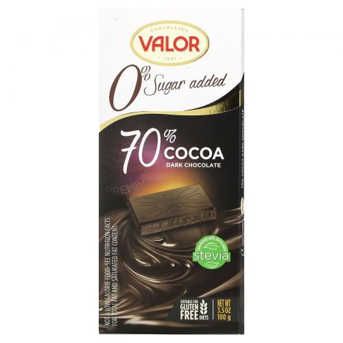 Valor, 0% добавленного сахара, 70% черного шоколада, 100 г (3,5 унции)