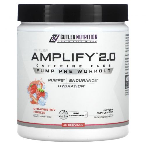 Cutler Nutrition, Amplify 2.0, накачка перед тренировкой, без кофеина, со вкусом клубники, 216 г (7,62 унции)