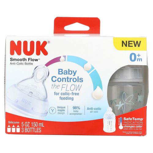 NUK, Smooth Flow, антиколиковый флакон, для детей от 0 месяцев, 3 флакона по 150 мл (5 унций)