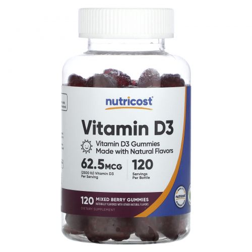 Nutricost, витамин D3, со вкусом ягодного ассорти, 62,5 мкг (2500 МЕ), 120 жевательных таблеток
