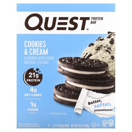 Quest Nutrition, Протеиновый батончик, печенье и крем, 4 батончика, 60 г (2,12 унции) каждый