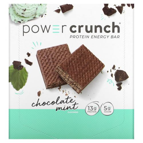 BNRG, Power Crunch, протеиновый энергетический батончик с оригинальным вкусом шоколада и мяты, 12 шт. по 40 г