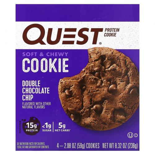 Quest Nutrition, Протеиновое печенье, двойная шоколадная крошка, 4 пакетика, 59 г (2,08 унции)