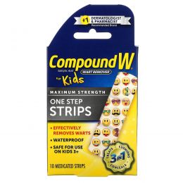 Compound W, Средство для удаления бородавок, One Step Strips, максимальная сила действия, для детей, от 3 лет, 10 лечебных полосок