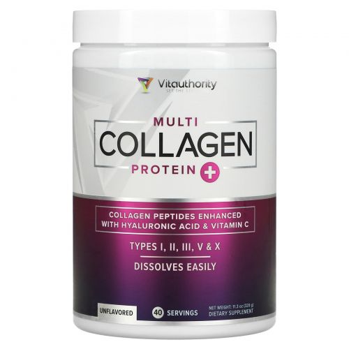 Vitauthority, Multi Collagen Protein Plus Vitamin C, гиалуроновая кислота, без добавок, 320 г (11,3 унции)