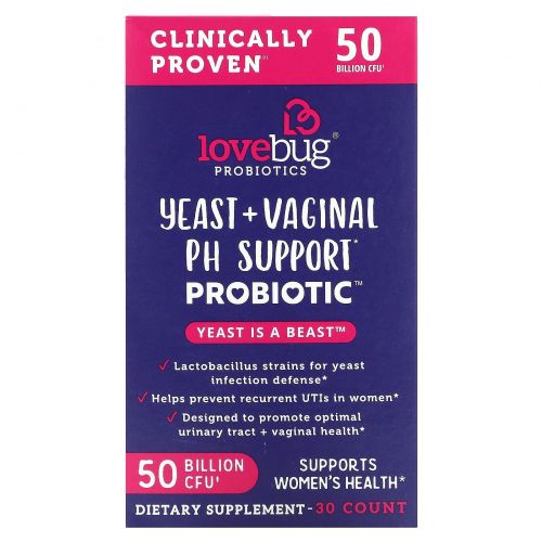 LoveBug Probiotics, Yeast + Vaginal PH Support Probiotic, Advanced Strength, 50 Billion CFU, 30 Count