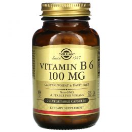 Solgar, Витамин B6, 100 мг, 250 растительных капсул