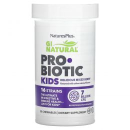 NaturesPlus, GI Natural Probiotic Kids, детские пробиотики, ягодный вкус, 7 миллиардов КОЕ, 30 жевательных таблеток