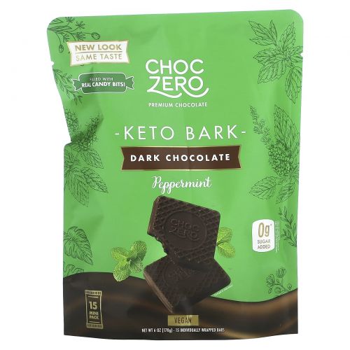 ChocZero, Keto Bark, темный шоколад, перечная мята, 6 батончиков по 1 унции