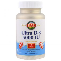 KAL, Ultra D-3, Natural Peppermint Flavor with Xylitol, 5000 IU, 60 Chewables
