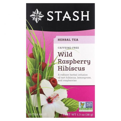 Stash Tea, Травяной чай высшего сорта, дикая малина и гибискус, без кофеина, 20 чайных пакетиков, 1,3 унции (38 г)