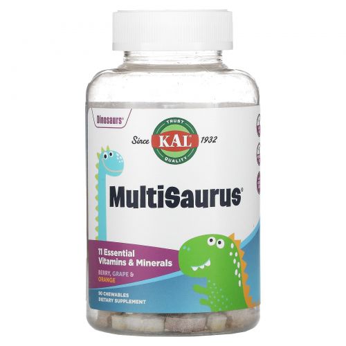 KAL, Dinosaurs, MultiSaurus Vitamins & Minerals, Berry, Grape & Orange, 90 Chewables