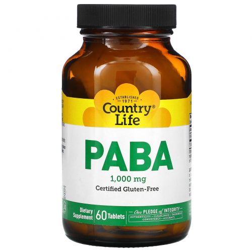 Country Life, PABA, Постепенное высвобождение, 1000 мг, 60 таблеток