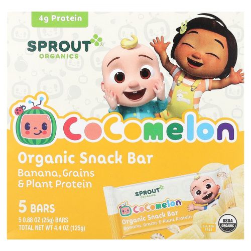 Sprout Organics, Cocomelon, органический батончик-снек, для детей от 2 лет, банан, злаки и растительный белок, 5 батончиков по 25 г (0,88 унции)