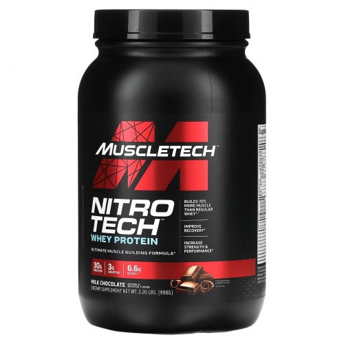 Muscletech, Nitro -Tech, сывороточный изолят для наращивания сухой мышечной массы, вкус молочного шоколада, 2.0 фунта (907 г)