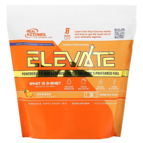 Real Ketones, Elevate, апельсин, 30 пакетиков со смесью для приготовления напитка, по 12,3 г (0,43 унции)