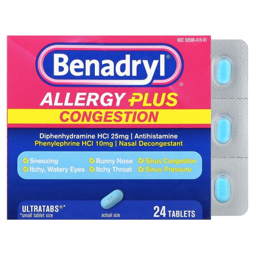 Benadryl, Allergy Plus Congestion, 24 таблетки