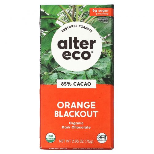 Alter Eco, органический темный шоколад, со вкусом апельсина, 85% какао, 75 г (2,65 унции)