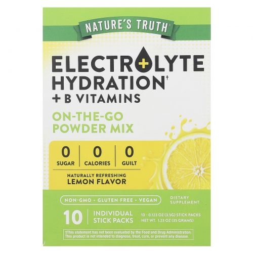 Nature's Truth, Electrolyte Hydration + B Vitamins, On-The-Go Powder Mix, Lemon, 10 Individual Stick Packs 0.123 oz (3.5 g) Each