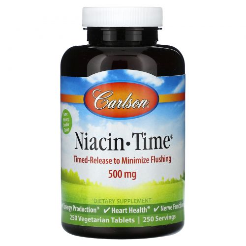 Carlson, Ниацин-тайм, 500 мг, 250 вегетарианских таблеток