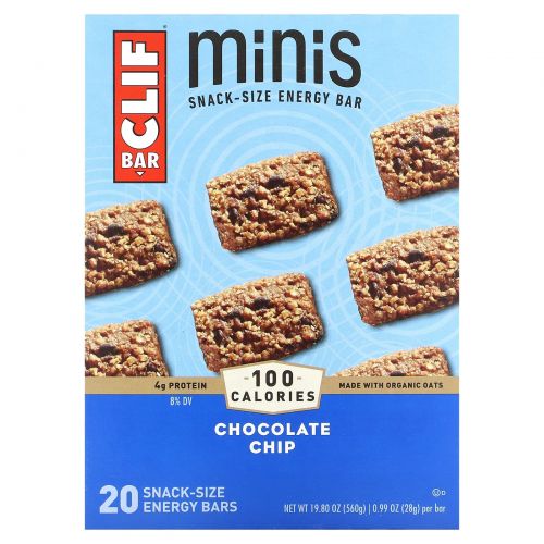 Clif Bar, Minis, энергетический батончик для снеков, шоколадная крошка, 20 батончиков, 28 г (0,99 унции)