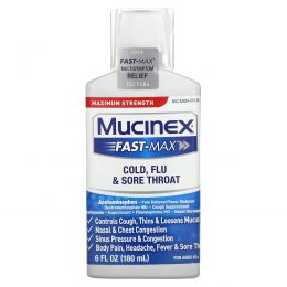 Mucinex, Fast-Max, средство от простуды, гриппа и боли в горле, максимальная сила действия, для детей от 12 лет, 180 мл (6 жидк. унций)