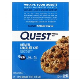 Quest Nutrition, QuestBar, протеиновый батончик, овсяное печенье с кусочками шоколада, 12 батончиков по 2,1 унции (60г) каждый