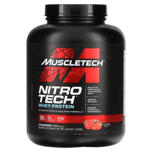 Muscletech, Nitro-Tech, сывороточный изолят для наращивания сухой мышечной массы, клубничный, 3.97 фунта (1.80 кг)