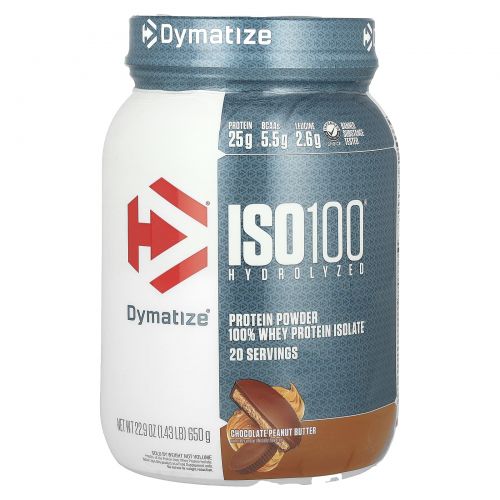 Dymatize, ISO100, гидролизованный, 100% изолят сывороточного протеина, со вкусом шоколада и арахисового масла, 650 г (1,43 фунта)
