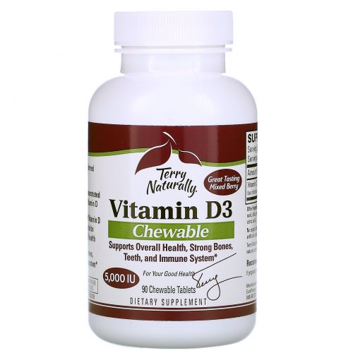 EuroPharma, Terry Naturally, Vitamin D3 Chewable, Mixed Berry , 5,000 IU, 90 Chewable Tablets