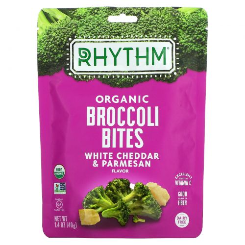 Rhythm Superfoods, Органические кусочки брокколи, белый чеддер и пармезан, 40 г (1,4 унции)
