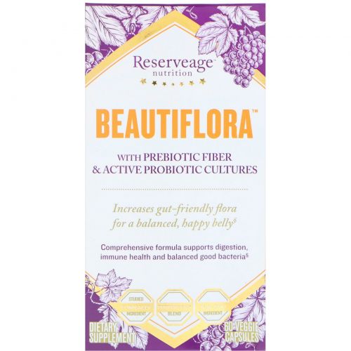 ReserveAge Nutrition, Beautiflora с пребиотической клетчтакой и активными пробиотическими культурами, 60 вегетарианских капсул