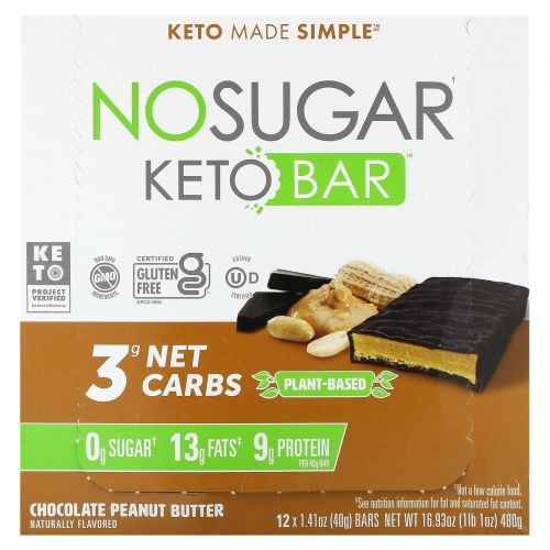 No Sugar Company, Keto Bar, батончик с шоколадом и арахисовой пастой, 12 батончиков по 40 г (1,41 унции)