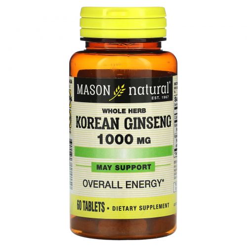 Mason Natural, Корейский женьшень, цельные травы, 1000 мг, 60 таблеток