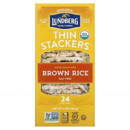 Lundberg, Organic Thin Stackers, Puffed Grain Cakes, Brown Rice, Salt-Free, 24 Rice Cakes, 6 oz (168 g)