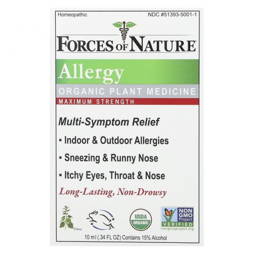 Forces of Nature, Средство от аллергии, органическая медицина, ImmuneDrops, максимальный эффект, 10 мл (0,34 унции)